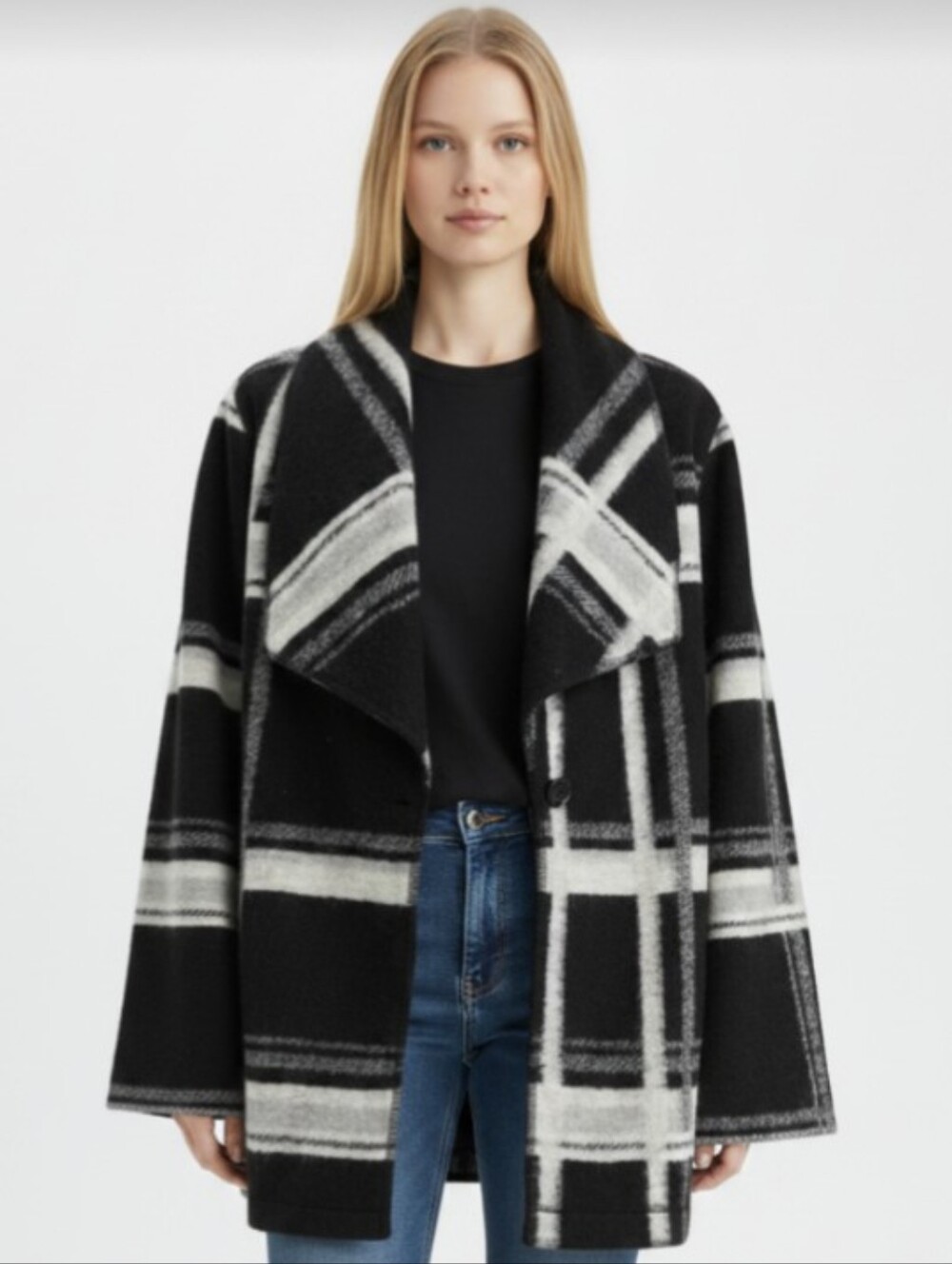 CHICO'S! BLACK & WHITE PLAID FINE WOOL BLEND DECONSTRUCTED JACKET! SZ L
